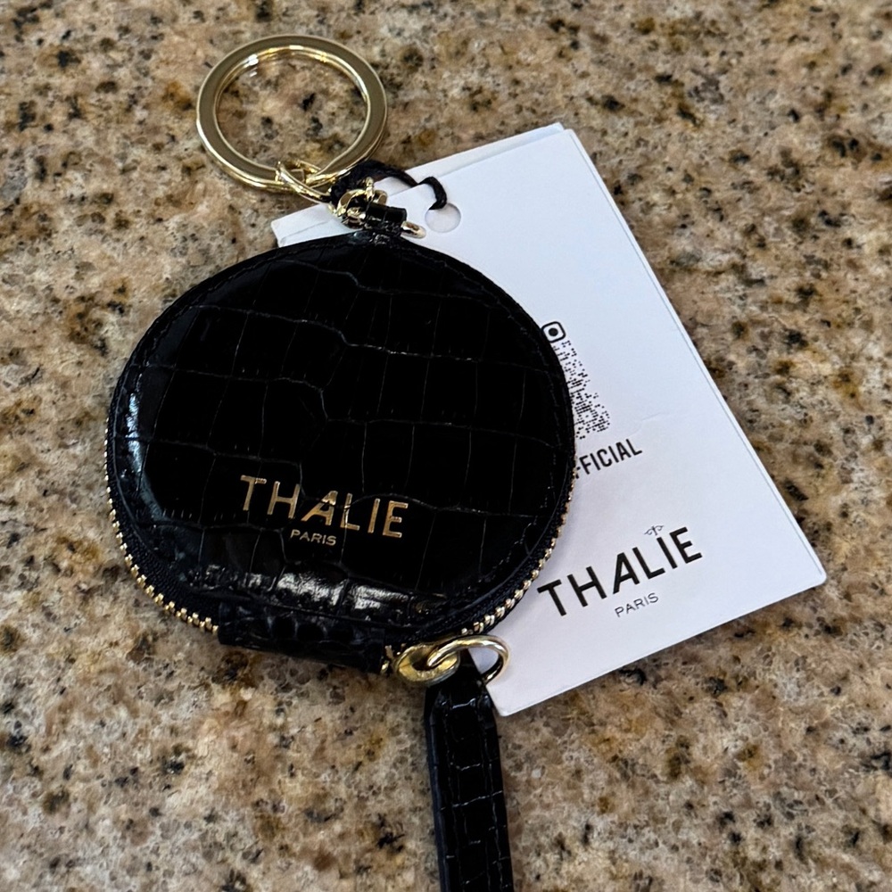 NWT Thalie Paris Romane Keychain Coin Purse Zipper Black Croco Leather Gold